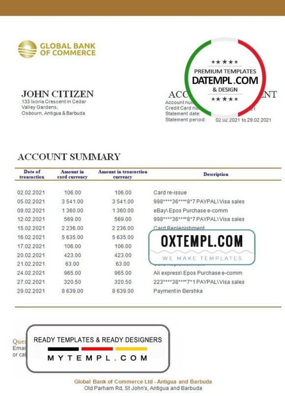 editable template, Antigua and Barbuda Global Bank of Commerce bank statement template in Word and PDF format