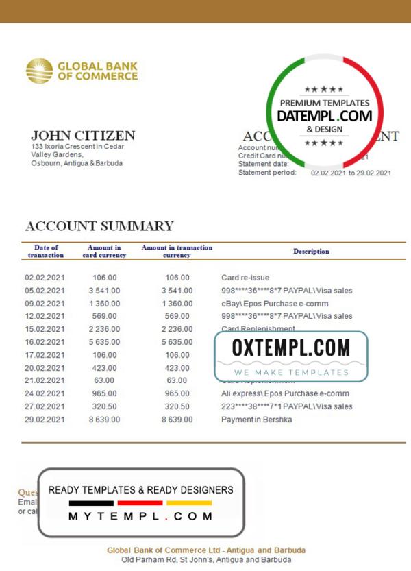 editable template, Antigua and Barbuda Global Bank of Commerce bank statement template in Word and PDF format