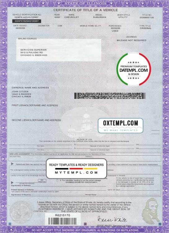 editable template, USA state Illinois certificate of title of a vehicle (car title) template in PSD format, fully editable