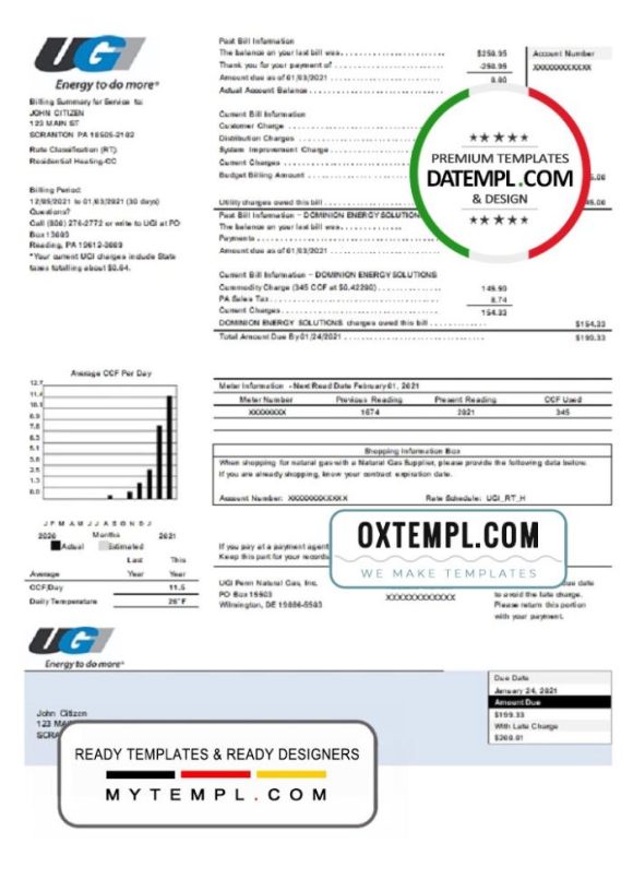 editable template, USA Pennsylvania UGI Utilities utility bill template in Word and PDF format
