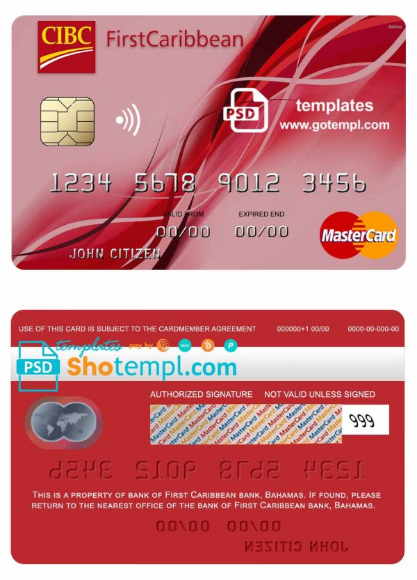 editable template, Bahamas First Caribbean bank mastercard credit card template in PSD format, fully editable