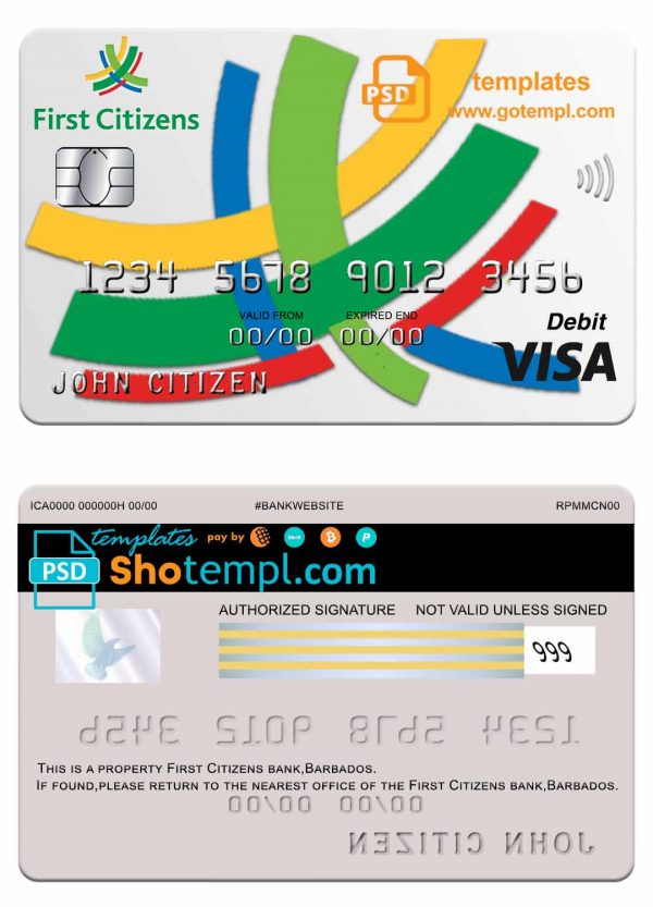 editable template, Barbados first Citizens bank visa card template in PSD format, fully editable