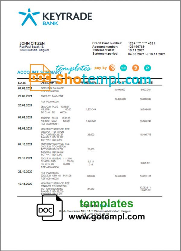 editable template, Belgium Keytrade bank statement template in Word and PDF format