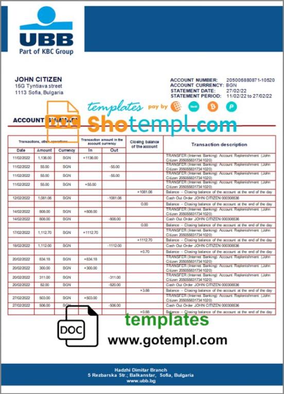 editable template, Bulgaria UBB bank proof of addres statement template in Word and PDF format