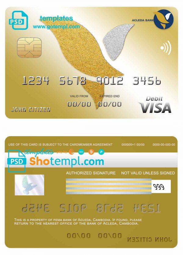 editable template, Cambodia Acleda bank visa card template in PSD format, fully editable