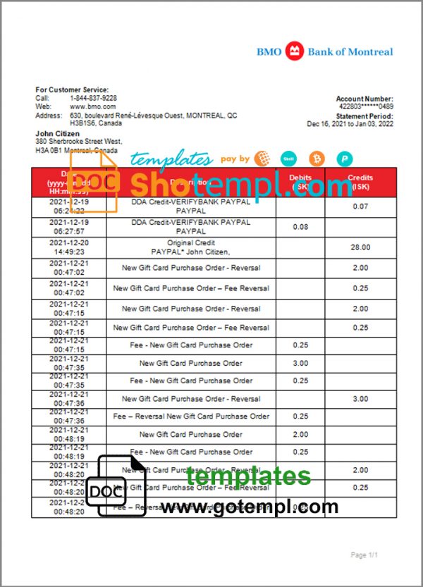 editable template, Canada Bank of Montreal bank statement template in Word and PDF format (.doc and .pdf)