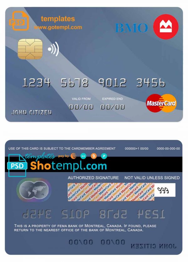 editable template, Canada Montreal bank mastercard template in PSD format, fully editable