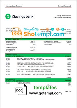 Comoros iSavings bank statement template in Word and PDF format