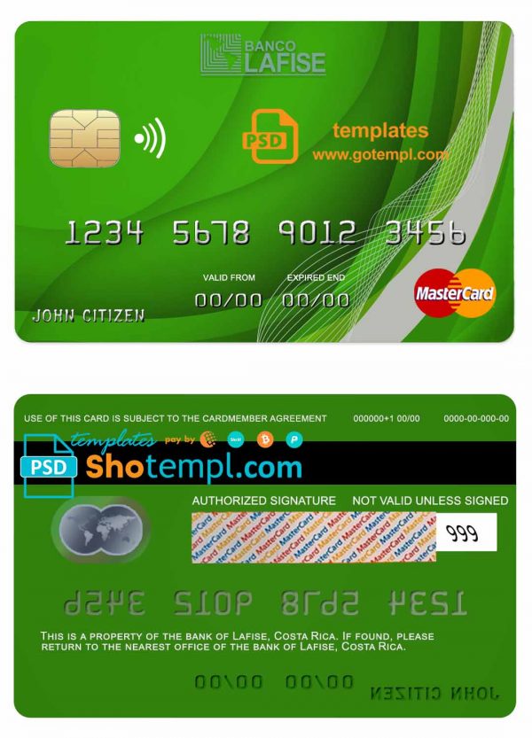 editable template, Costa Rica lafise bank mastercard credit card template in PSD format, fully editable
