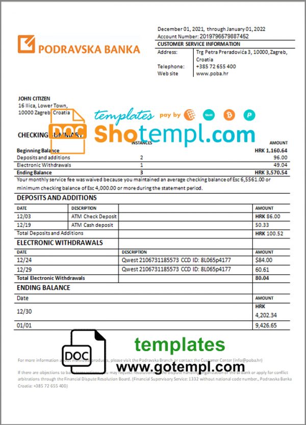 editable template, Croatia Podravska bank statement template in Word and PDF format