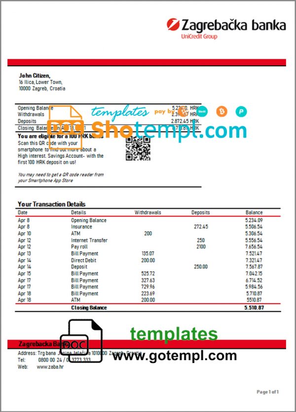 editable template, Croatia Zagrebačka bank statement template in Word and PDF format