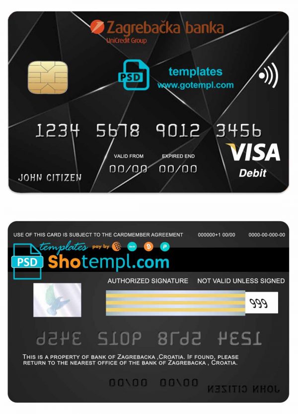 editable template, Croatia Zagrebacka bank visa credit card template in PSD format, fully editable