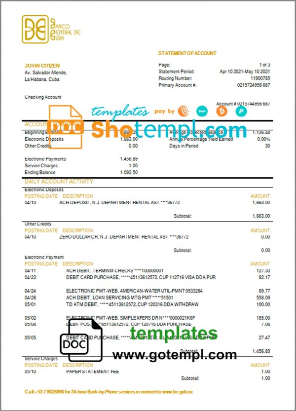 editable template, Cuba Banco Central de Cuba bank proof of address statement template in Word and PDF format