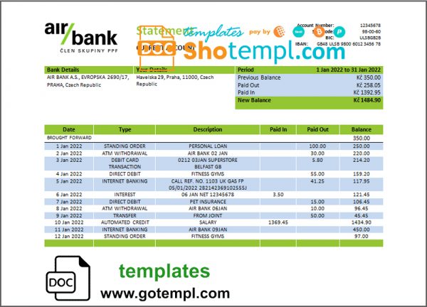 editable template, Czechia Air bank statement template in Word and PDF format