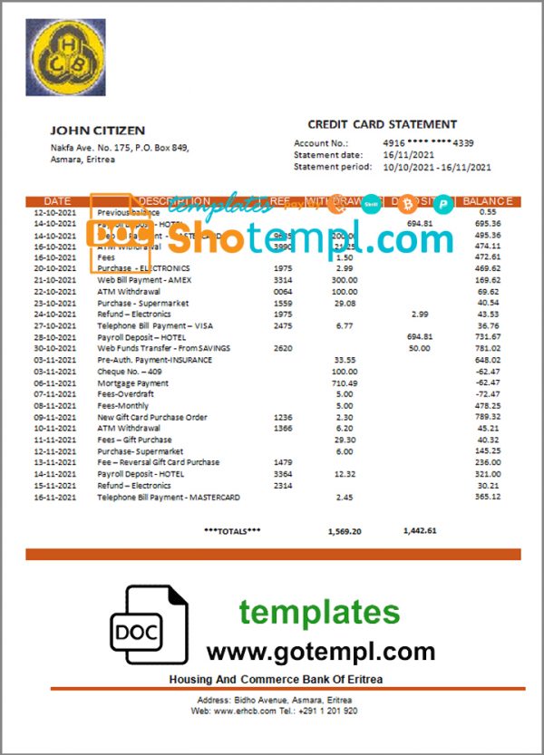 editable template, Eritrea Housing and Commerce bank statement template in Word and PDF format
