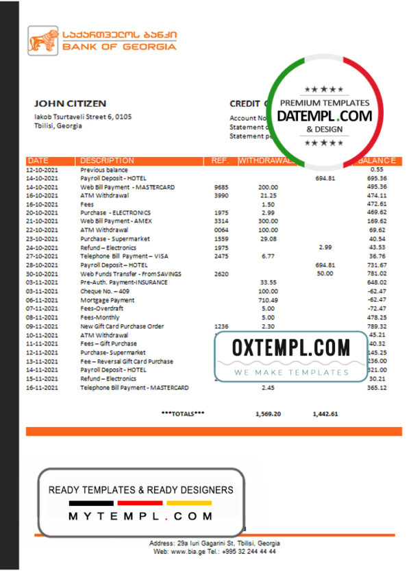 editable template, Georgia Bank of Georgia proof of address statement template in Word and PDF format, fully editable