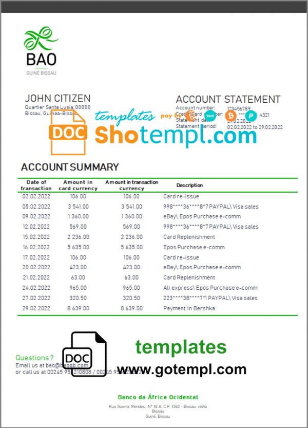 editable template, Guinea-Bissau Banco da Africa Ocidental proof of address bank statement template in Word and PDF format