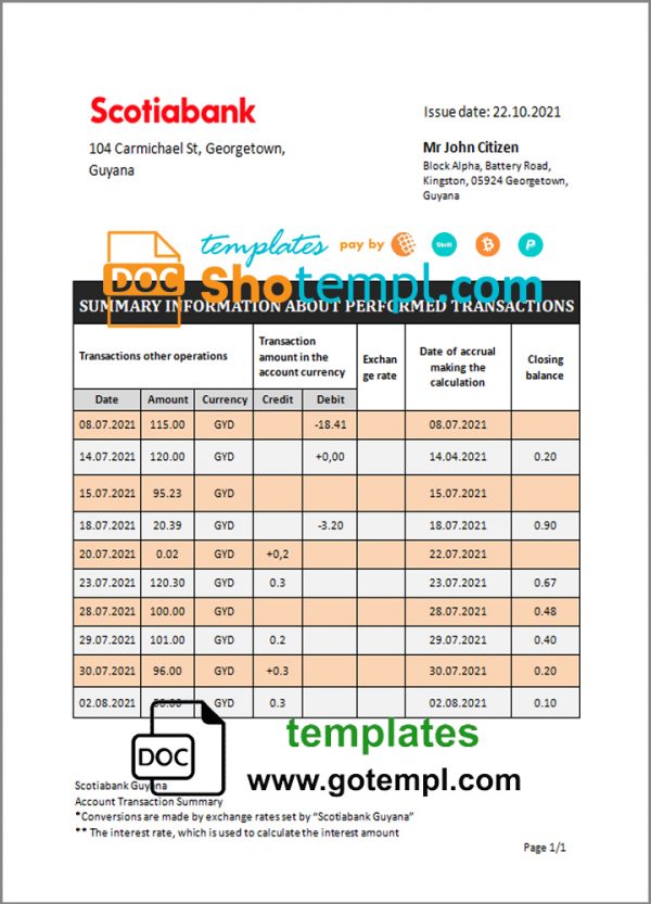 editable template, Guyana Bank of Nova Scotia bank statement template in Word and PDF format