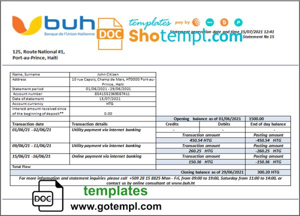 editable template, Haiti BUH bank statement template in Word and PDF format