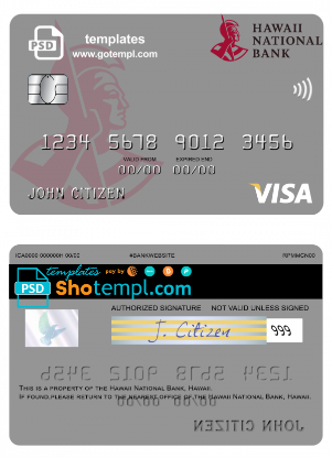 editable template, Hawaii National Bank visa card template in PSD format, fully editable