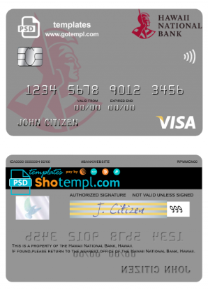 editable template, Hawaii National Bank visa card template in PSD format, fully editable