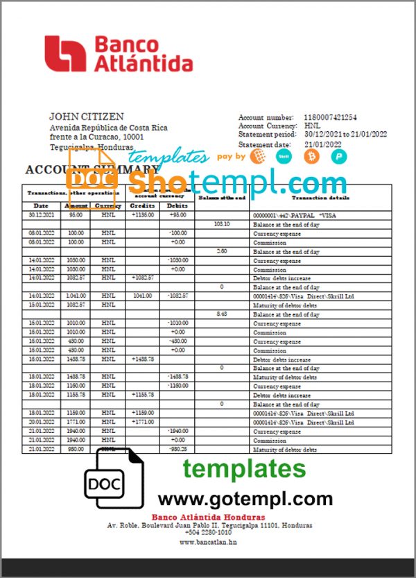 editable template, Honduras Banco Atlantida Bank statement template in Word and PDF format