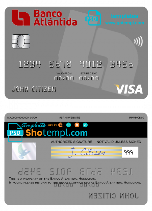 editable template, Honduras Banco Atlantida visa card template in PSD format, fully editable