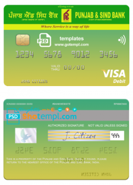 editable template, India Punjab and Sind Bank visa card template in PSD format, fully editable