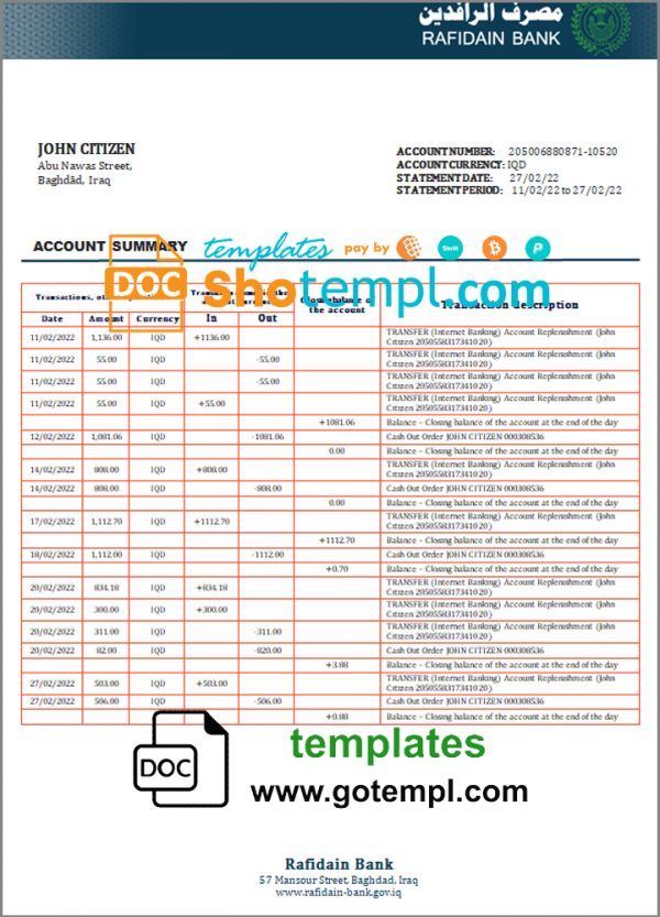 editable template, Iraq Rafidain proof of address bank statement in Word and PDF format