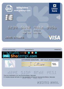 editable template, Ireland Ulster Bank Ireland visa card template in PSD format, fully editable