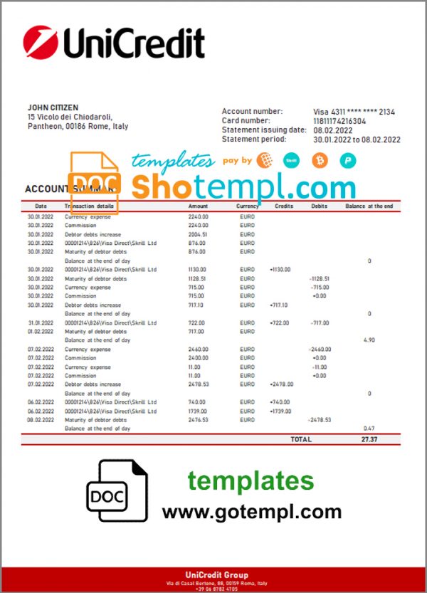 editable template, Italy Unicredit bank statement template in .doc and .pdf format, fully editable