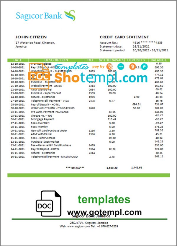 editable template, Jamaica Sagicor Bank statement template, Word and PDF format (.doc and .pdf)