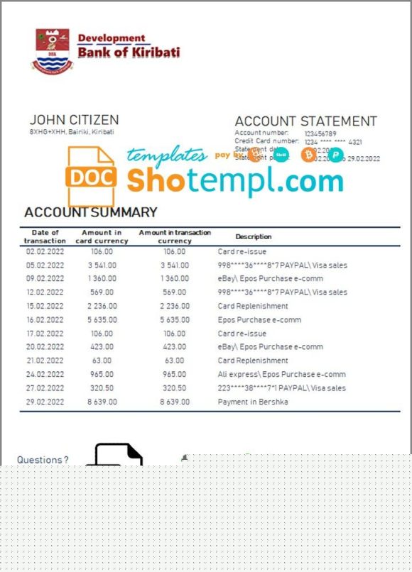 editable template, Kiribati Development Bank of Kiribati bank statement template in Word and PDF format