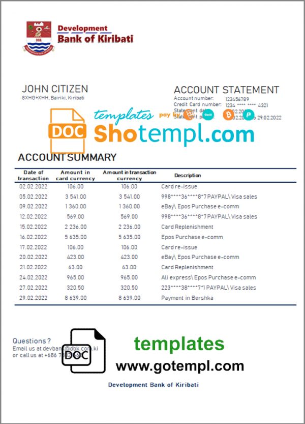 editable template, Kiribati Development Bank of Kiribati bank statement template in Word and PDF format