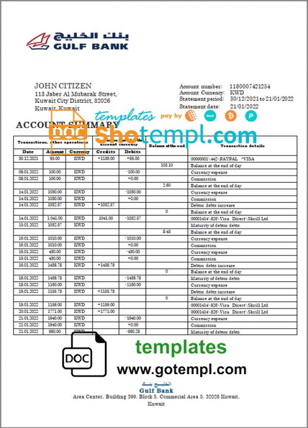 editable template, Kuwait Gulf Bank statement template in  Word and PDF format