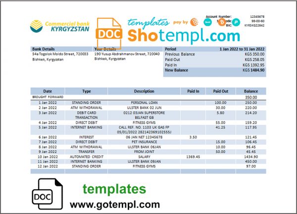 editable template, Kyrgyzstan Commercial Bank statement template in Word and PDF format