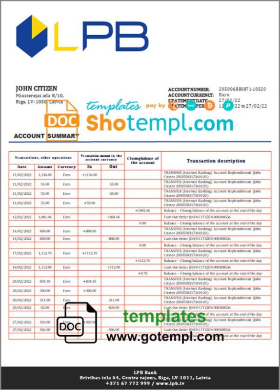 editable template, Latvia LPB bank statement template in Word and PDF format