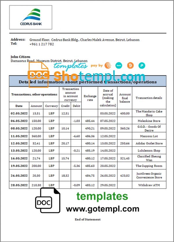 editable template, Lebanon Cedrus Bank statement template in Word and PDF format