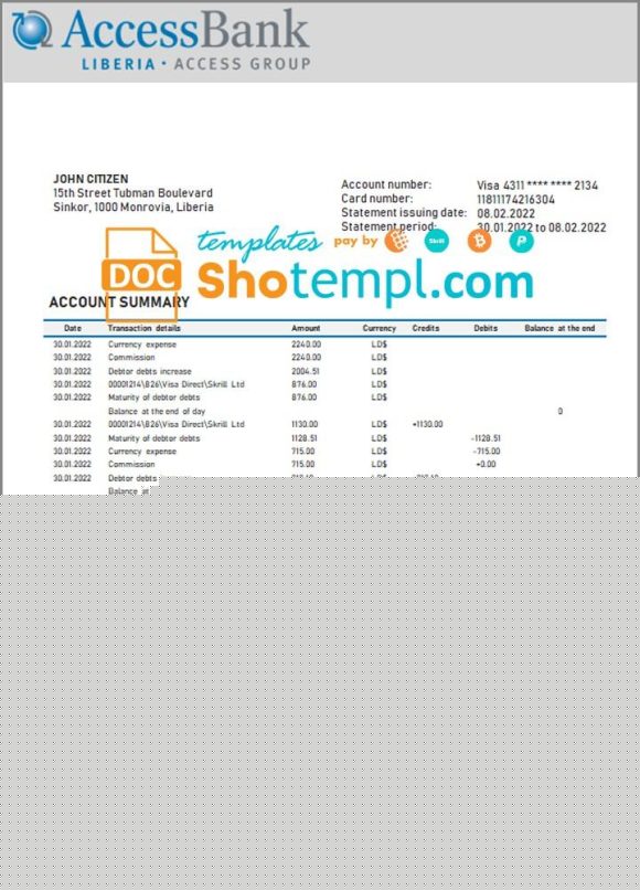 editable template, Liberia Access Bank statement template in Word and PDF format