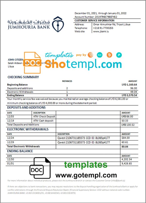 editable template, Libya Jumhouria Bank statement template in Word and PDF format