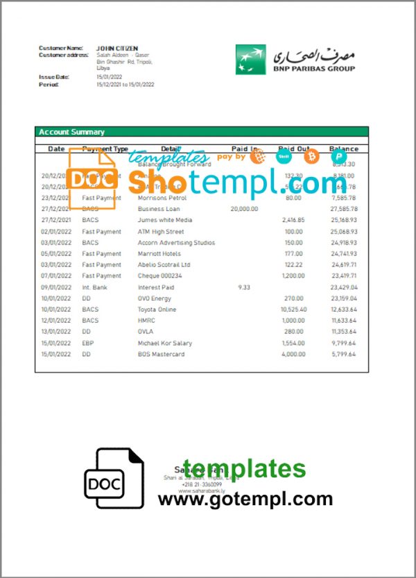 editable template, Libya Sahara Bank statement template in Word and PDF format
