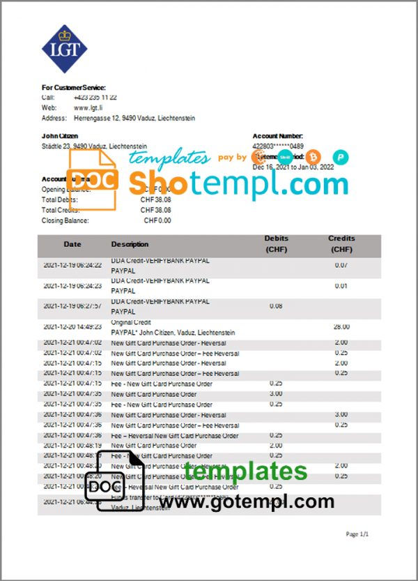 editable template, Liechtenstein LGT bank statement template in Word and PDF format
