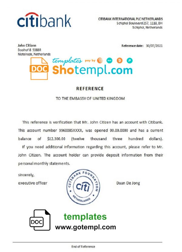 editable template, Netherlands Citibank account balance certificate template in Word and PDF format
