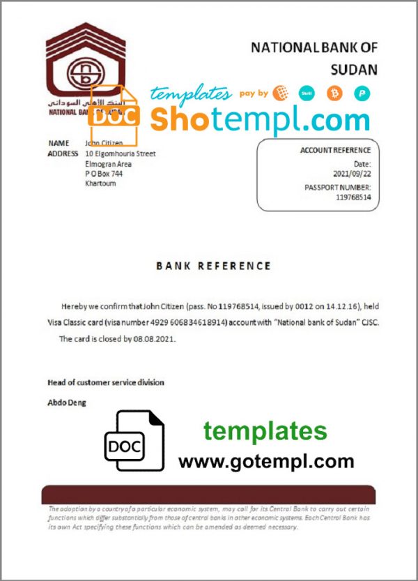 editable template, Sudan National Bank of Sudan bank account closure reference letter template in Word and PDF format