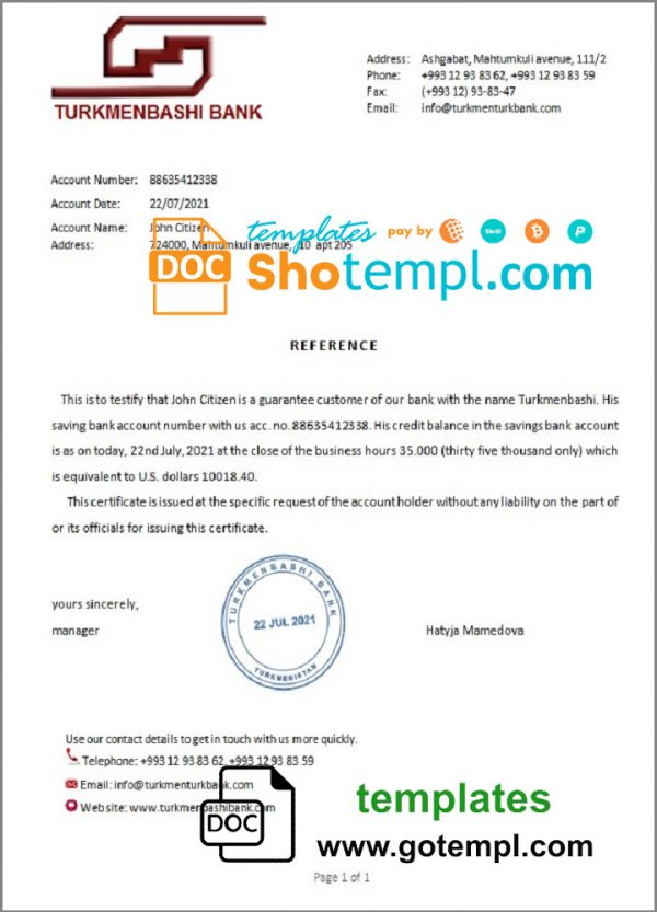 editable template, Turkmenistan Turkmenbashi bank account balance reference letter template in Word and PDF format