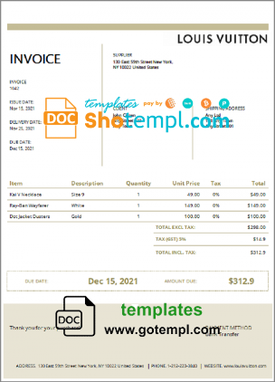 editable template, USA Louis Vuitton invoice template in Word and PDF format, fully editable