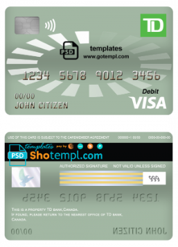 editable template, Canada TD bank visa debit card template in PSD format, fully editable