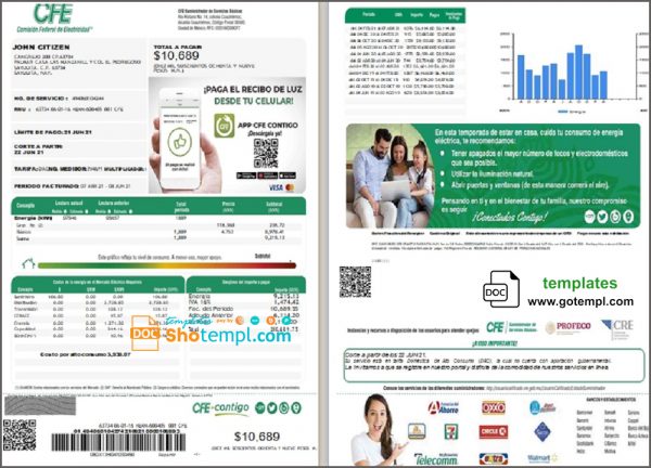 editable template, Mexico Federal Electricity Commission (CFE) utility bill template in Word format, 2 pages