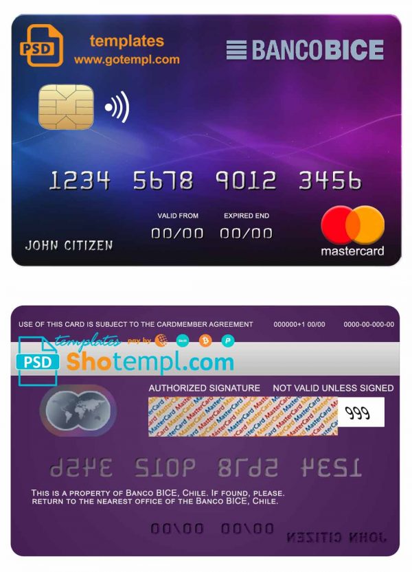 editable template, Chile BICE bank mastercard credit card template in PSD format, fully editable