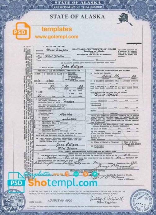 editable template, USA Alaska state death certificate template in PSD format, fully editable